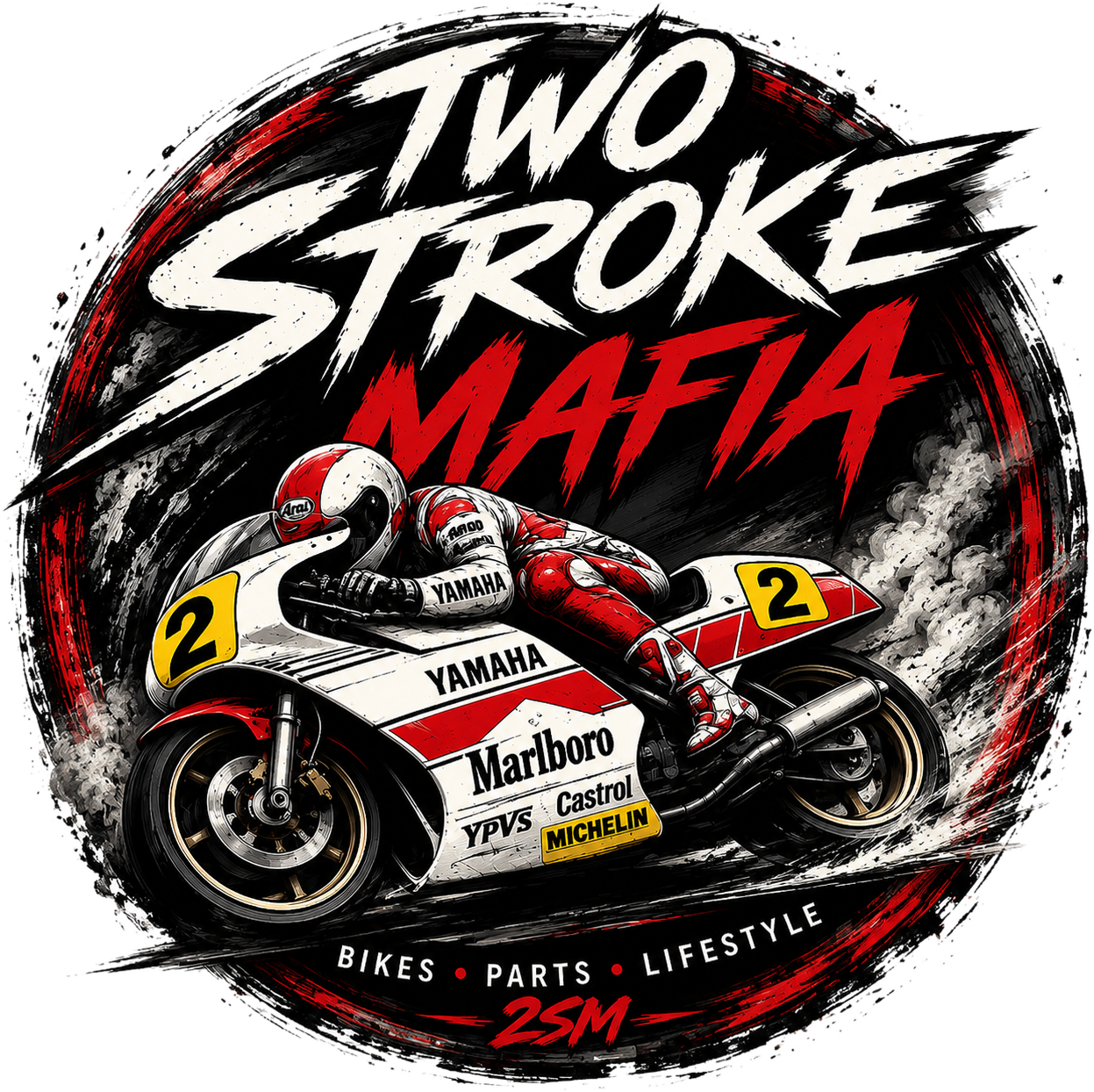 Two Stroke Mafia crest — rider on a classic Yamaha two-stroke race bike